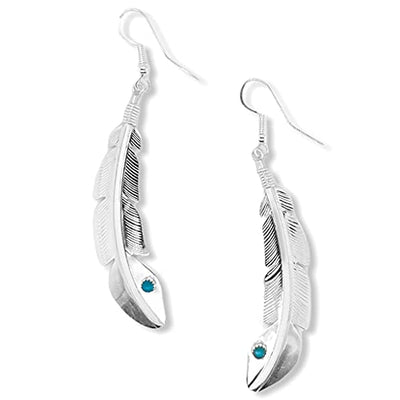 Genuine Sleeping Beauty Turquoise Feather Earrings, Sterling Silver, Native American USA Handmade, French Hook Style, Nickel Free