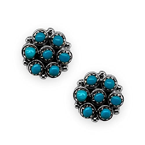 Genuine Sleeping Beauty Turquoise Cluster Earrings, 925 Sterling Silver, Native American Navajo Tribe USA Handmade, Nickel Free, Post Stud