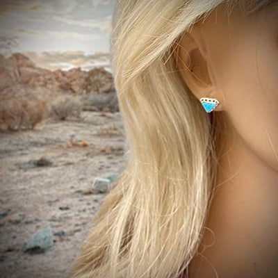 Desert Opal Stud Earrings in 925 Sterling Silver, Native American USA Handmade, Nickel Free, Light Blue Triangle