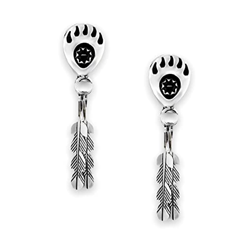 Genuine Black Onyx Bear Paw Shadowbox Earrings, Sterling Silver, Authentic Navajo Native American USA Handmade, Nickel Free