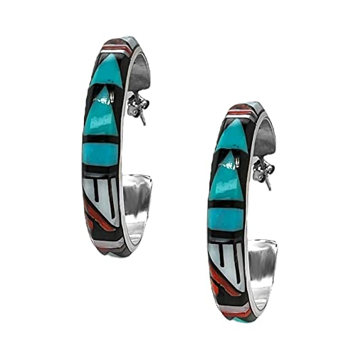 Genuine Stone Half Hoop Earrings, Zuni Native American USA Handmade, Turquoise, Onyx, Coral, Sterling Silver, Multicolor