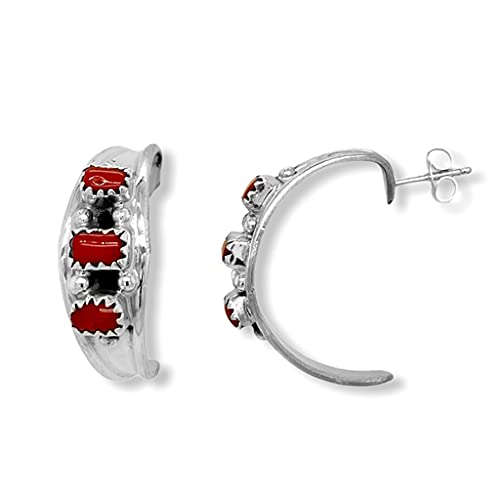 Genuine Red Coral Half Hoop Earrings, Sterling Silver, Authentic Native American Handmade, Nickle Free