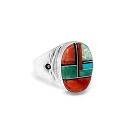 Genuine Multi-Stone Inlay Ring, Size 12, Sterling Silver, Authentic Navajo Native American USA Handmade, Artist Signed, Multicolor, Turquoise and Spiny Oyster Shell