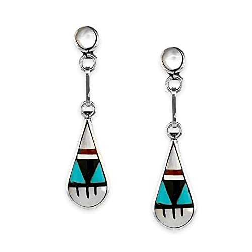 Genuine Turquoise, Onyx and Red Coral Earrings, 925 Sterling Silver, Zuni Native American USA Handmade, Nickel Free, Post Style